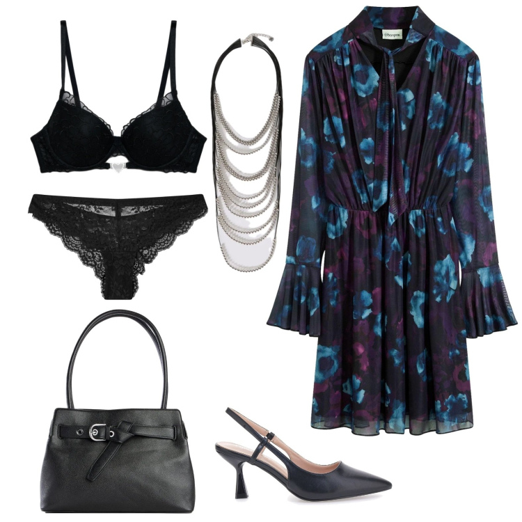 Outfit donna - Total look super classica. Stile Basic per Tutti i giorni. Abbinamento con vestiti, borse a mano, perizomi, reggiseni push-up, collane, décolleté.