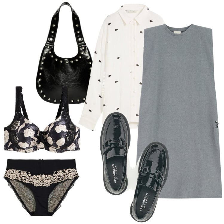 Outfit donna - Mocassini e scamiciato. Stile Trendy per Tutti i giorni. Abbinamento con camicie, culotte, reggiseni, borse a spalla, vestiti midi/longuette, mocassini.