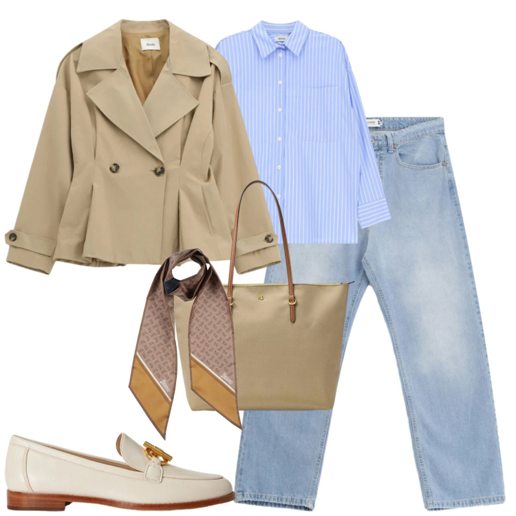 Outfit donna - Marzo. Stile Casual chic per Tutti i giorni. Abbinamento con sciarpe, camicie, blazer, jeans, mocassini, borse tote.