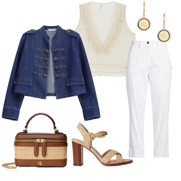 Outfit donna - Urban Hussar in Denim. Stile Urban per Tutti i giorni. Abbinamento con pantaloni, top, blazer, orecchini, borse a tracolla, sandali col tacco.