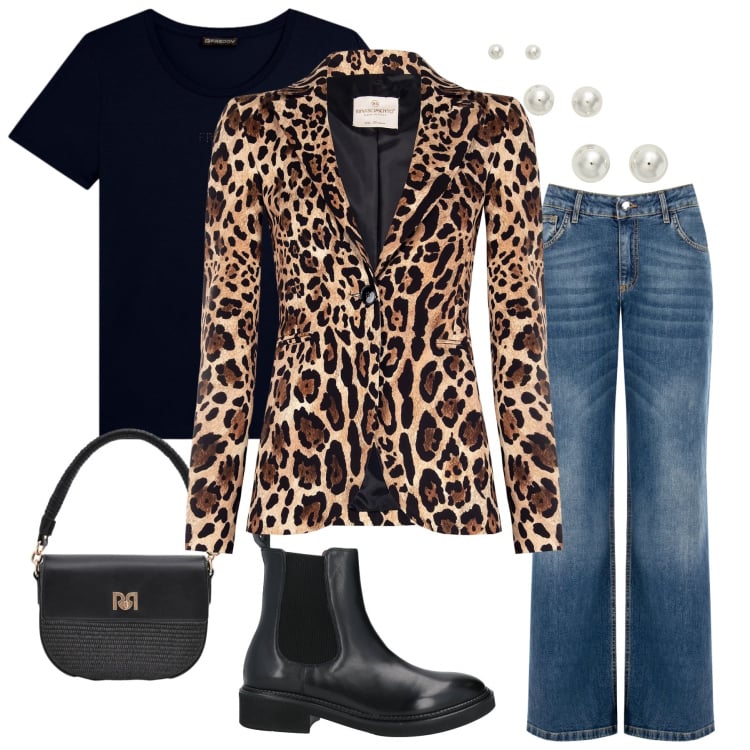 Outfit donna - Il Blazer Leopardo Incontra il Denim. Stile Glamour per Tutti i giorni. Abbinamento con stivaletti chelsea, borse a spalla, blazer, jeans, orecchini, t-shirt.