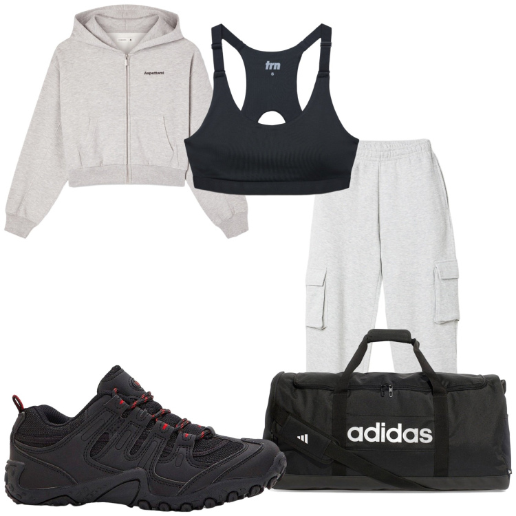 Outfit donna - Arriva l\'estate. Stile Sporty chic per Sport. Abbinamento con scarpe sportive, pantaloni, felpe con cappuccio, top sportivi, borse sportive.