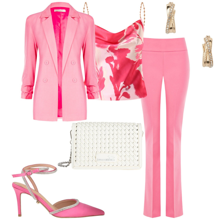 Outfit donna - Cerimonia. Stile Chic per Cerimonia. Abbinamento con décolleté, borse a tracolla, blazer, pantaloni, canottiere, orecchini.