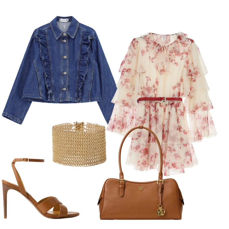 Outfit donna - Romantic Denim Flair. Stile Romantica per Tutti i giorni. Abbinamento con vestiti corti, blazer, sandali col tacco, borse a mano, braccialetti.