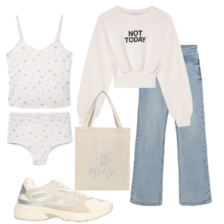 Outfit donna - Felpa per la scuola. Stile Casual per Scuola/Università. Abbinamento con felpe, borse tote, sneakers, jeans bootcut, pigiama.