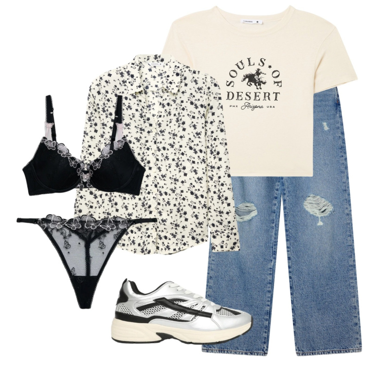 Outfit donna - Jeans e intimo di pizzo. Stile Basic per Tutti i giorni. Abbinamento con jeans strappati, camicie, sneakers, reggiseni push-up, perizomi, t-shirt.
