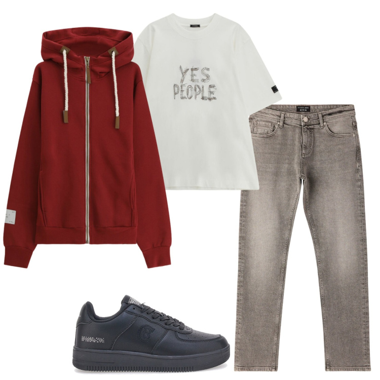 Outfit uomo - Young. Stile Casual per Tutti i giorni. Abbinamento con jeans, felpe con cappuccio, t-shirt, sneakers.