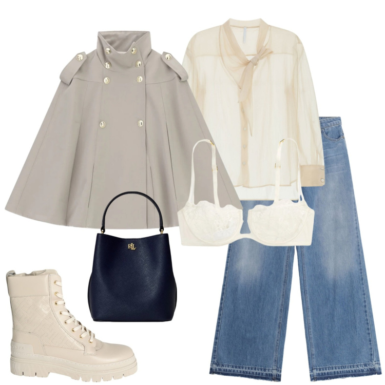 Outfit donna - Cappa militare e jeans. Stile Glamour per Tutti i giorni. Abbinamento con stivaletti, camicie, cappotti, jeans, reggiseni a balconcino, borse a secchiello.