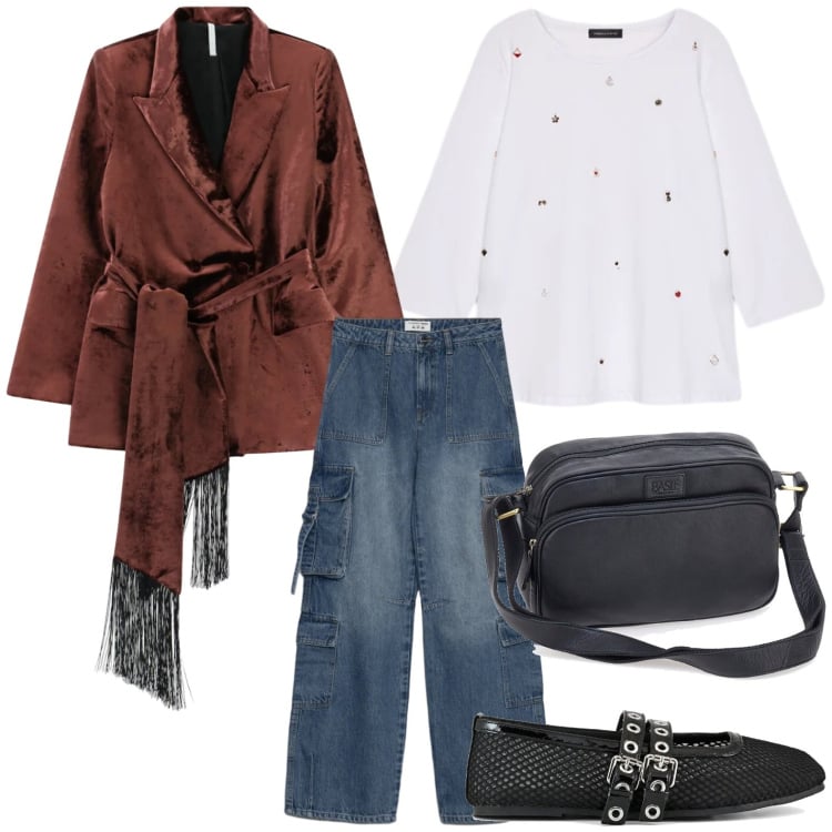 Outfit donna - Denim di mezza stagione. Stile Minimal per Tutti i giorni. Abbinamento con jeans, blazer, t-shirt, borse a tracolla, ballerine.