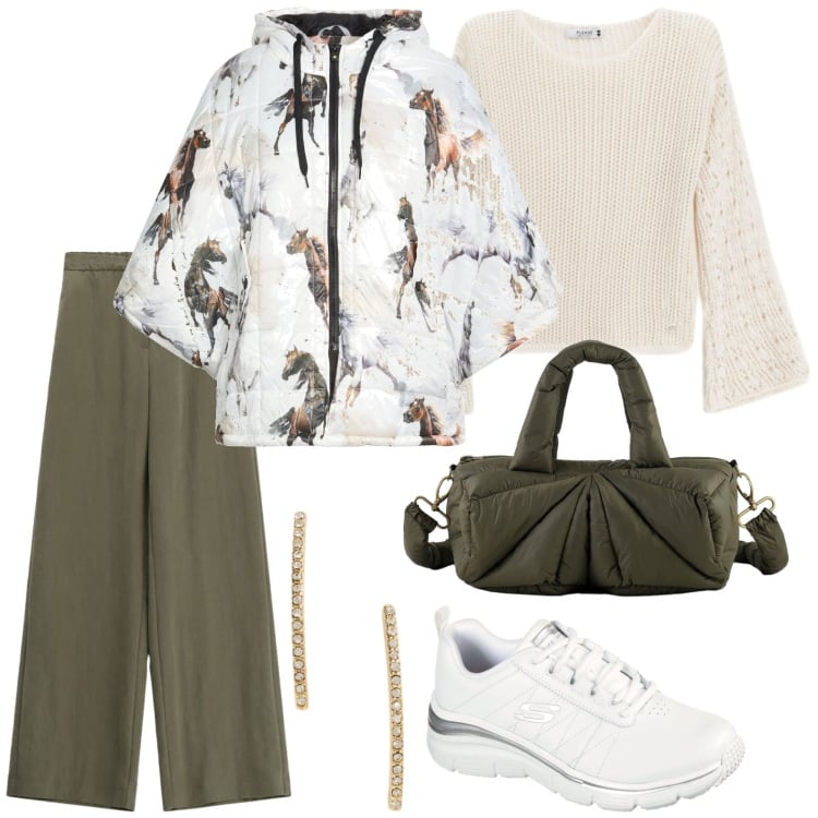 Outfit donna - La cappa primitiva. Stile Minimal per Tutti i giorni. Abbinamento con cappe, pantaloni a palazzo, maglieria, borse a mano, orecchini, sneakers.