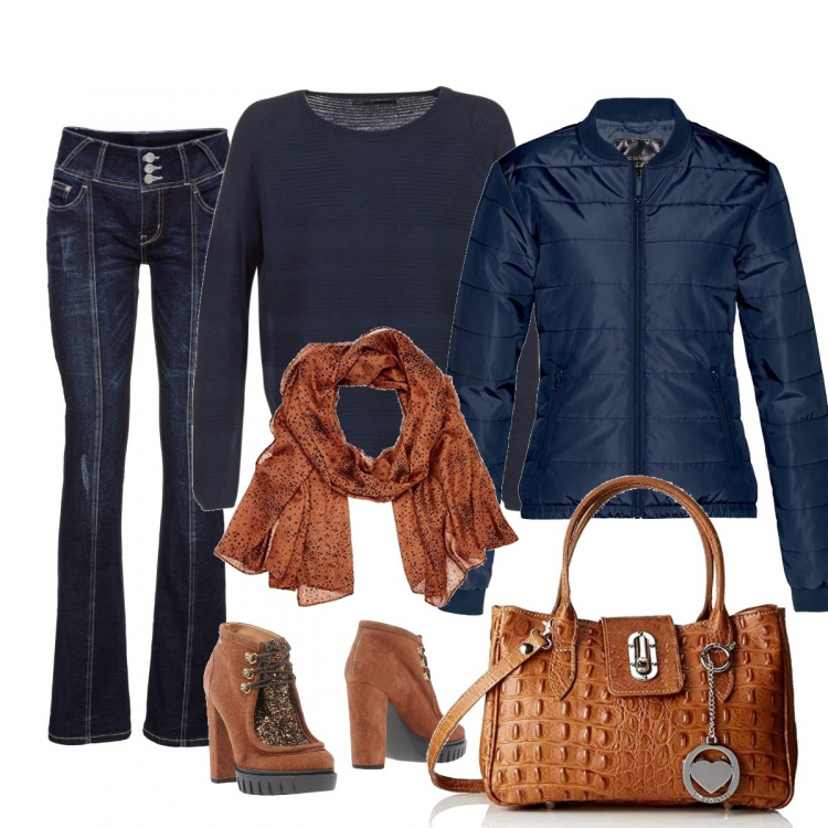 Outfit donna - Jeans glam. Stile Trendy per Tutti i giorni. Abbinamento con jeans bootcut, giubbotto, stivaletti effetto scamosciato con tacco squadrato e punta tonda tinta unita, maglione blu, borsa a mano marrone, sciarpa lunga.