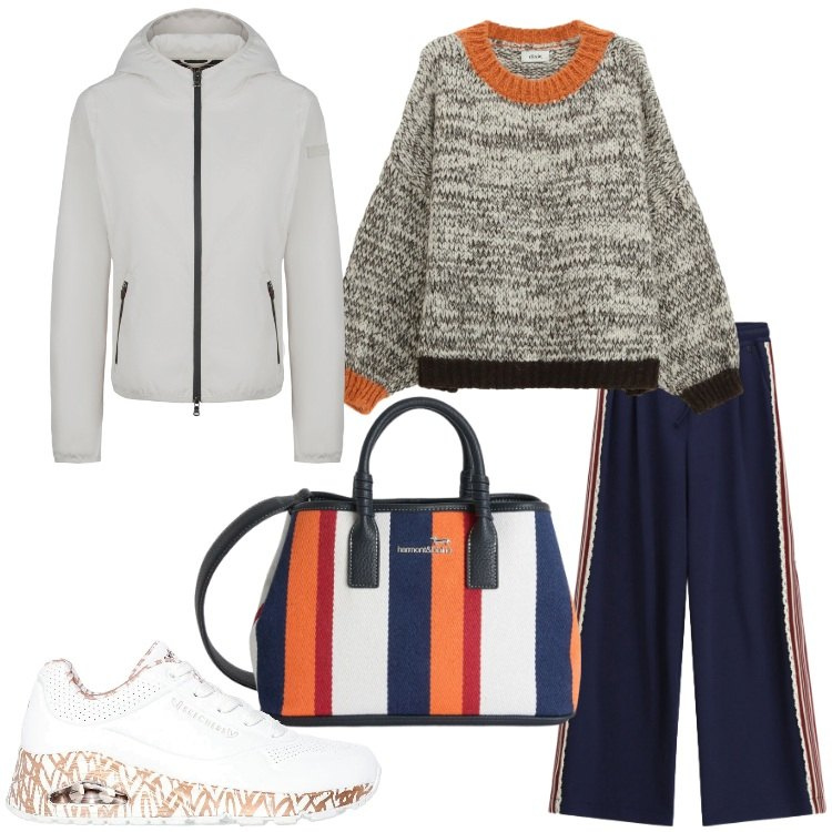 Outfit donna - Gorpcore Metropolitano - @cindyart. Stile Urban per Tutti i giorni. Abbinamento con shopping bag, maglieria, pantaloni a palazzo, giacche sportive, sneakers alte.