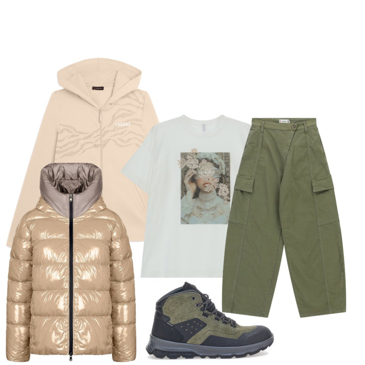 Outfit donna - Gorpcore &layering. Stile Urban per Tutti i giorni. Abbinamento con t-shirt, felpe con cappuccio, pantaloni cargo, piumini, stivaletti.