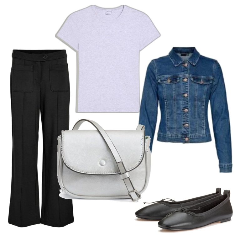 Outfit mujer - Basic look. Estilo Basic para Todos los días. Combinación con blazers, bolsos de mano, pantalones, camiseta, bailarinas.