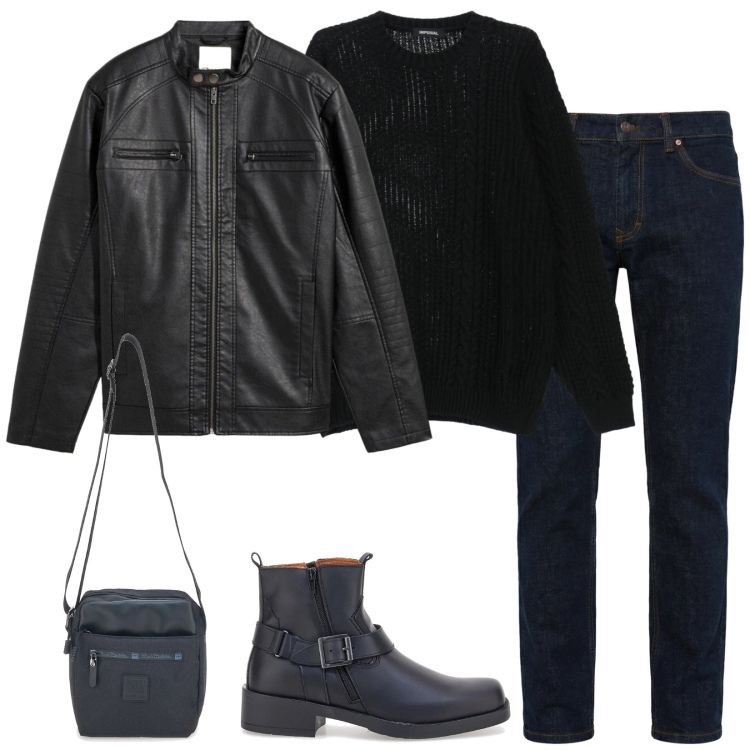 Outfit uomo - Mood: rock. Stile Biker Rock per Serata speciale. Abbinamento con giacche, jeans, maglieria, portafogli, stivali e stivaletti.