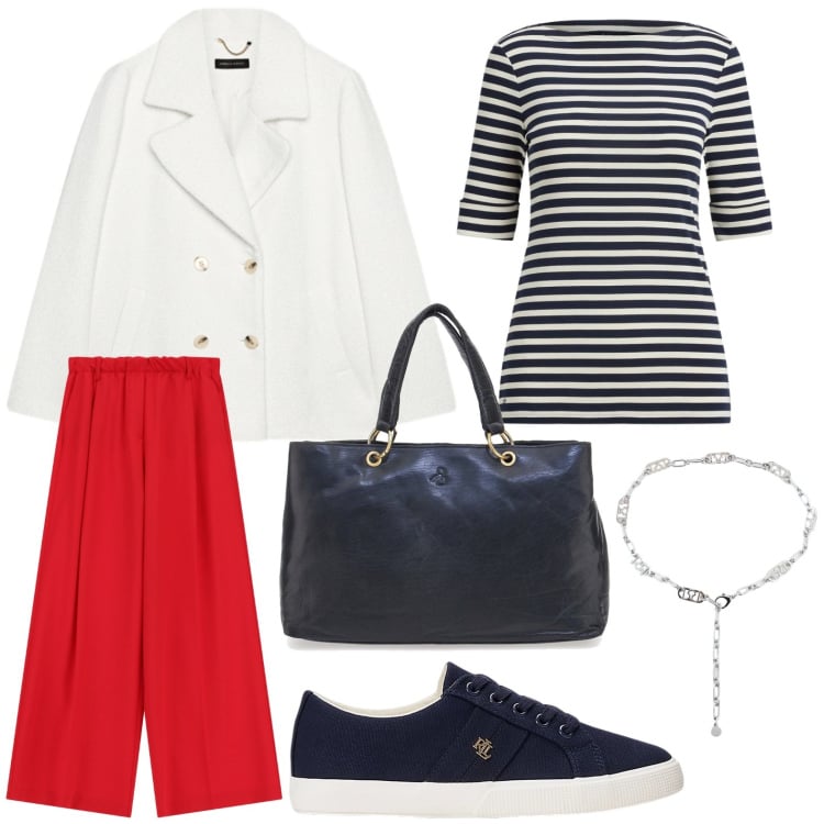 Outfit donna - Outfit primaverile. Stile Minimal per Tutti i giorni. Abbinamento con caban, cinture, pantaloni a palazzo, sneakers, t-shirt, borse a mano.