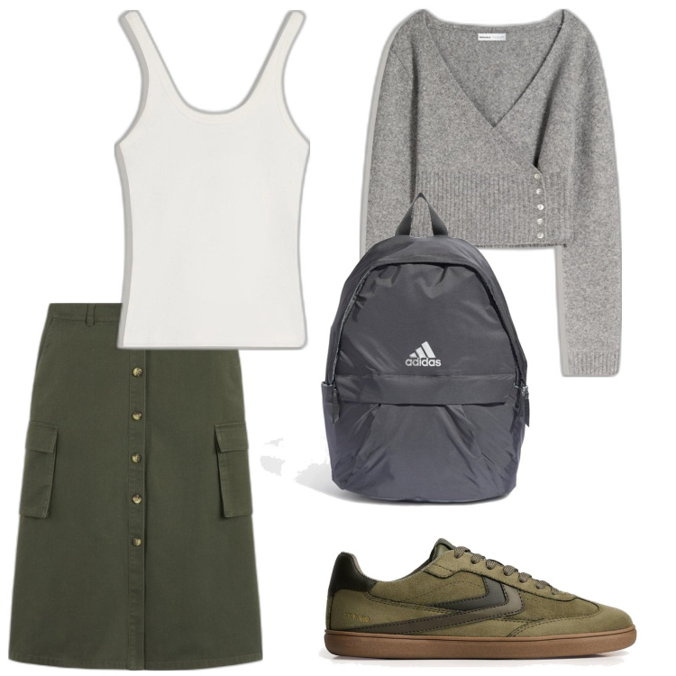 Outfit mujer - Casual look. Estilo Casual para Todos los días. Combinación con mochilas, sneakers, minifaldas, cárdigans, camiseta.