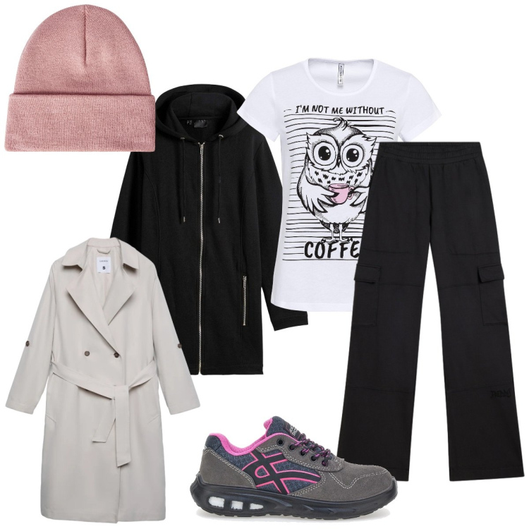 Outfit donna - In città. Stile Casual per Tutti i giorni. Abbinamento con felpe sportive, t-shirt sportive, trench, berretti, pantaloni cargo, scarpe sportive.
