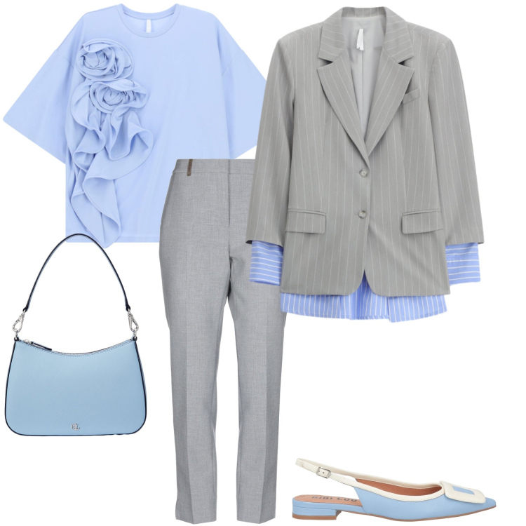 Outfit donna - Blazer di primavera. Stile Casual chic per Tutti i giorni. Abbinamento con pantaloni, ballerine, blazer, t-shirt, borse a spalla.