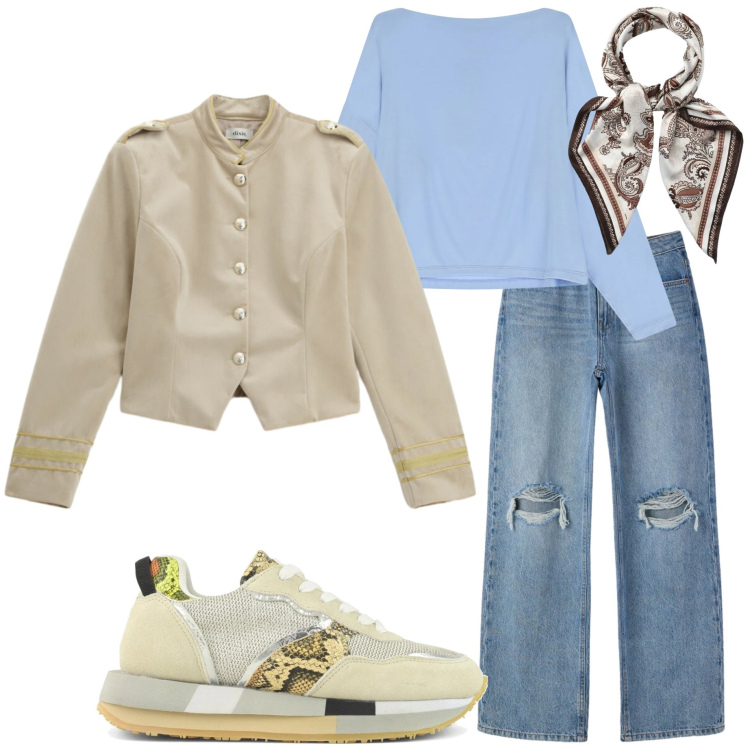 Outfit donna - Denim di mezza stagione. Stile Casual chic per Tutti i giorni. Abbinamento con foulard, jeans strappati, t-shirt, blazer, sneakers.