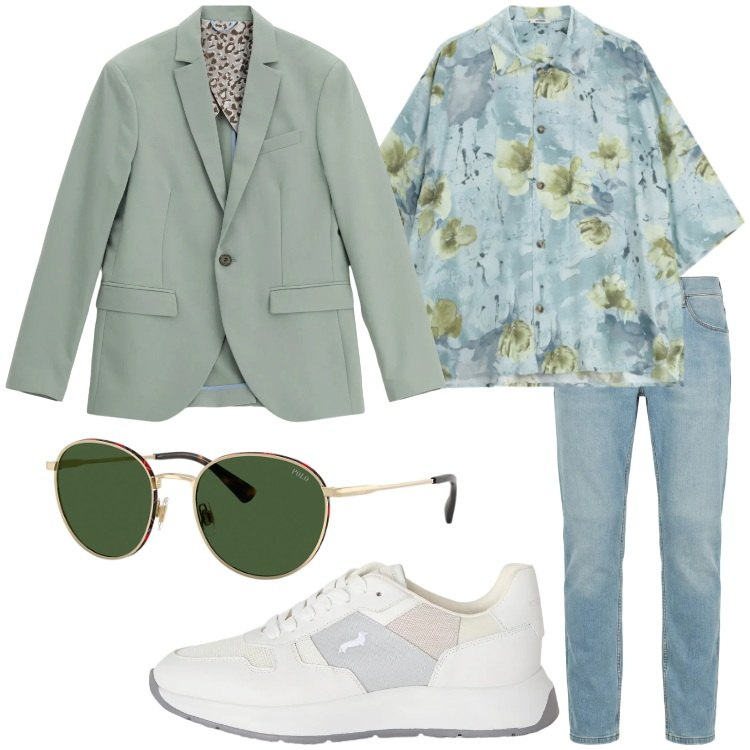 Outfit uomo - Verde di stagione. Stile Trendy per Tutti i giorni. Abbinamento con jeans slim fit, sneakers, giacche, camicie a manica corta, occhiali da sole.