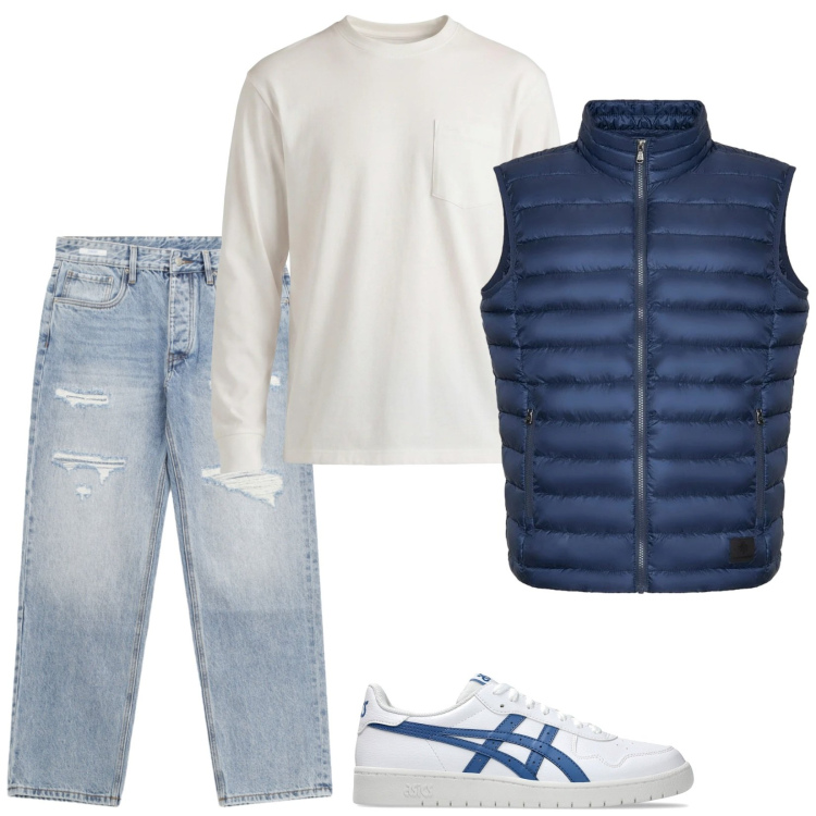Outfit uomo - Young boy. Stile Urban per Tutti i giorni. Abbinamento con t-shirt, jeans strappati, piumini, sneakers.