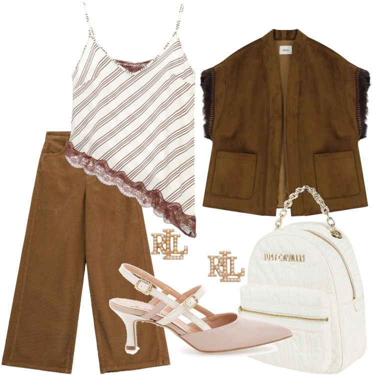 Outfit donna - Pizzo e asimmetrie. Stile Minimal per Tutti i giorni. Abbinamento con zaini, gilet, pantaloni a palazzo, top, orecchini, décolleté.