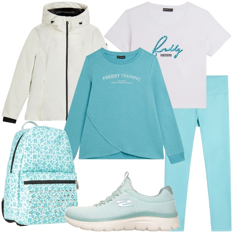 Outfit donna - Casual primaverile. Stile Casual per Tutti i giorni. Abbinamento con zaini, treggings, felpe, bomber, t-shirt, scarpe sportive.