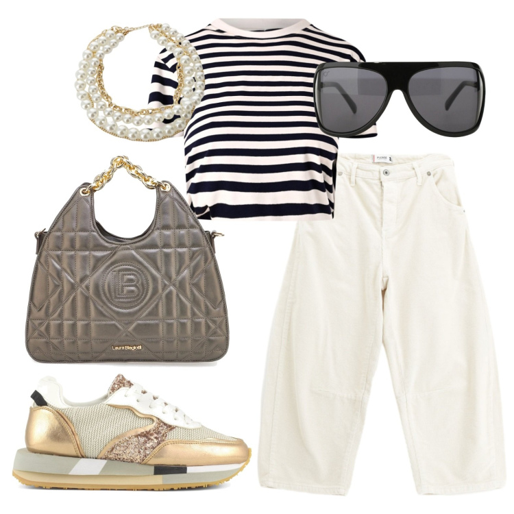 Outfit donna - T-shirt a righe e oro. Stile Casual chic per Tutti i giorni. Abbinamento con occhiali da sole, collane, pantaloni, t-shirt, borse a mano, sneakers.