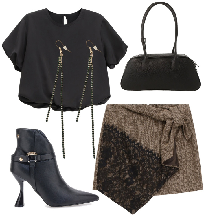 Outfit donna - Total look #2349651. Stile Glamour per Serata fuori. Abbinamento con minigonne, borse a mano, orecchini, camicie a manica corta, stivaletti.