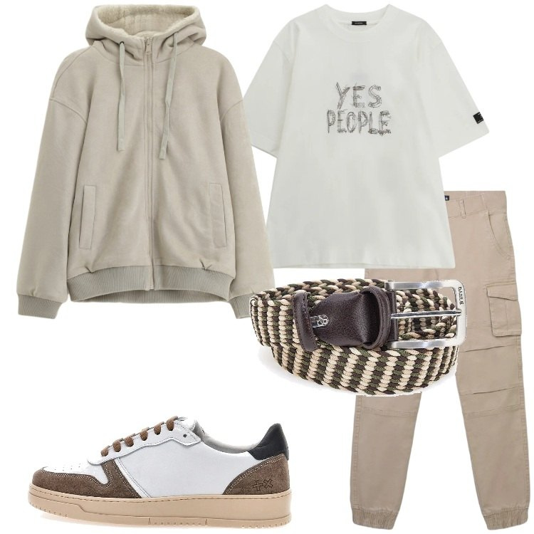 Outfit uomo - Fuori dall\'inverno. Stile Casual per Tutti i giorni. Abbinamento con bomber, t-shirt, pantaloni cargo, cinture, sneakers.
