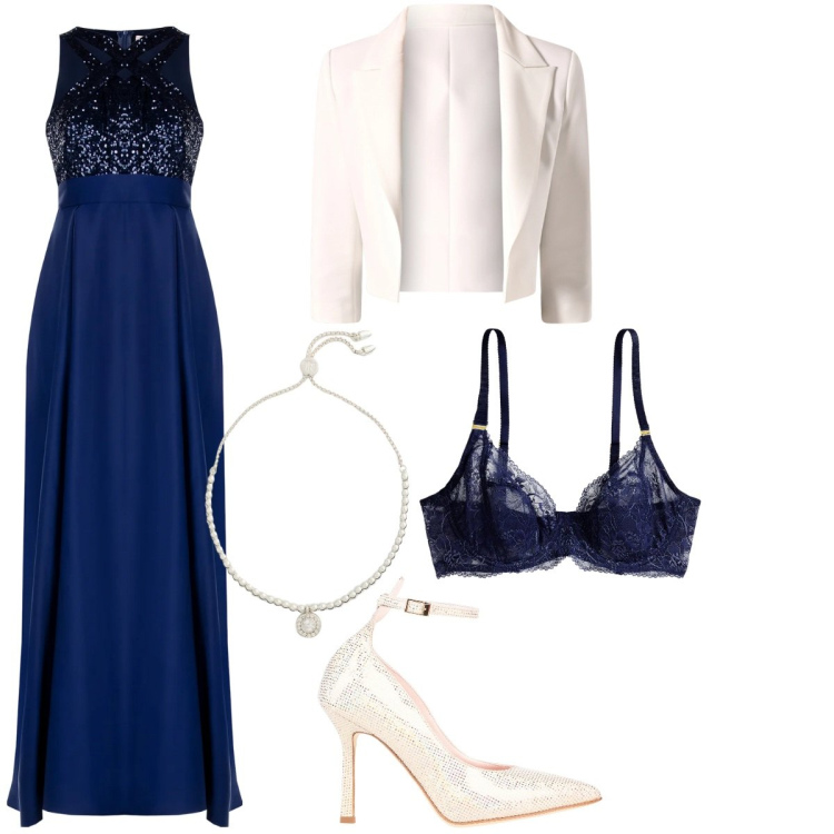 Outfit donna - Blue and white wedding ideas. Stile Glamour per Cerimonia. Abbinamento con décolleté, blazer, vestiti lunghi, reggiseni, braccialetti.