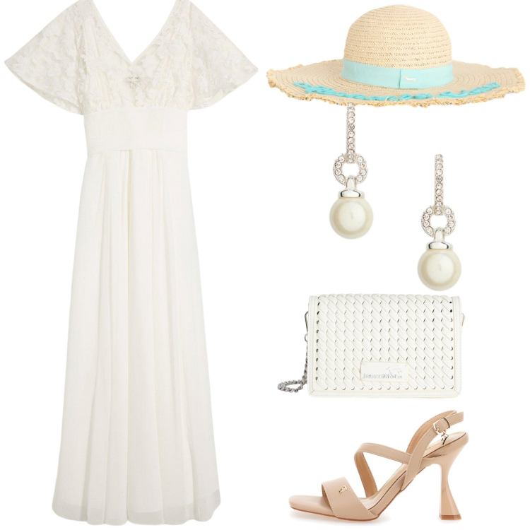 Outfit donna - Total look #2349657. Stile Vintage retrò per Cerimonia. Abbinamento con vestiti, borse a tracolla, cappelli, orecchini, sandali col tacco.