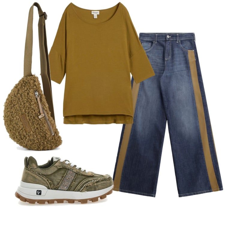 Outfit donna - Total look #2349658. Stile Trendy per Tutti i giorni. Abbinamento con maglieria, jeans a zampa, sneakers, marsupi.