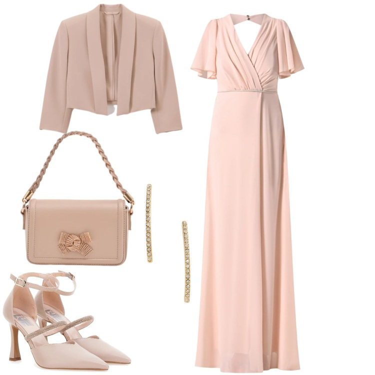 Outfit donna - Damigella primavera 2026. Stile Chic per Cerimonia. Abbinamento con bolero, pochette, vestiti lunghi, orecchini, décolleté.