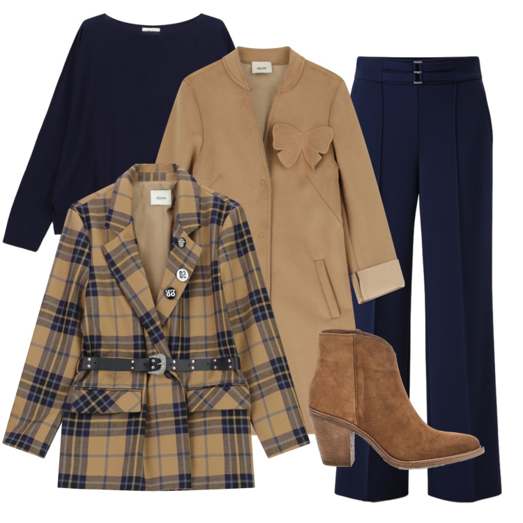 Outfit donna - Maxi quadri. Stile Casual chic per Tutti i giorni. Abbinamento con maglieria, cappotti, blazer, pantaloni a palazzo, stivaletti.