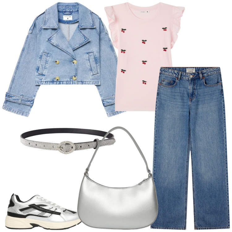 Outfit donna - Denim di mezza stagione. Stile Casual chic per Tutti i giorni. Abbinamento con jeans, caban, t-shirt, cinture, sneakers, borse a tracolla.