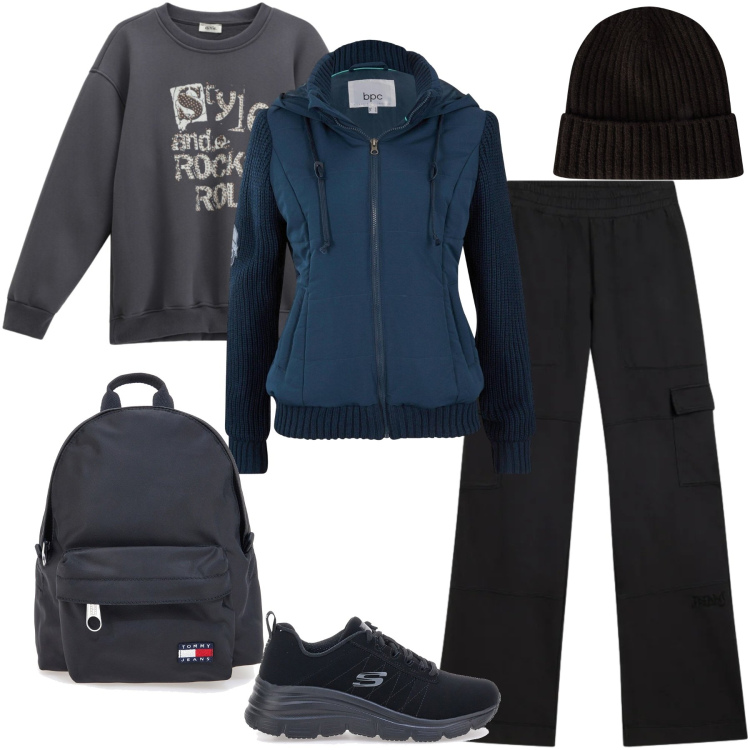Outfit donna - Gorpcore Metropolitano. Stile Urban per Tutti i giorni. Abbinamento con blazer, berretti, felpe, pantaloni cargo, sneakers, zaini.