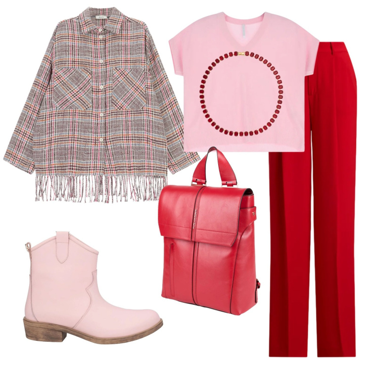 Outfit donna - Over 50 rosso e rosa. Stile Trendy per Tutti i giorni. Abbinamento con zaini, stivaletti texani, t-shirt, camicie, collane, pantaloni.