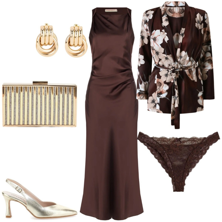 Outfit donna - L\'eleganza del marrone e dorato. Stile Chic per Cerimonia. Abbinamento con orecchini, culotte, clutch, vestiti midi/longuette, cappotti, décolleté.