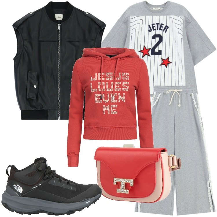 Outfit donna - Gorpcore Metropolitano - @cindyart. Stile Trendy per Tutti i giorni. Abbinamento con marsupi, stivaletti, felpe con cappuccio, pantaloni a palazzo, gilet, t-shirt sportive.