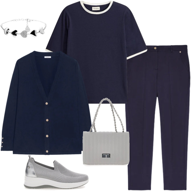 Outfit donna - Ufficio con scarpe comode. Stile Casual per Ufficio. Abbinamento con t-shirt, cardigans, pantaloni, braccialetti, mocassini, borse a tracolla.