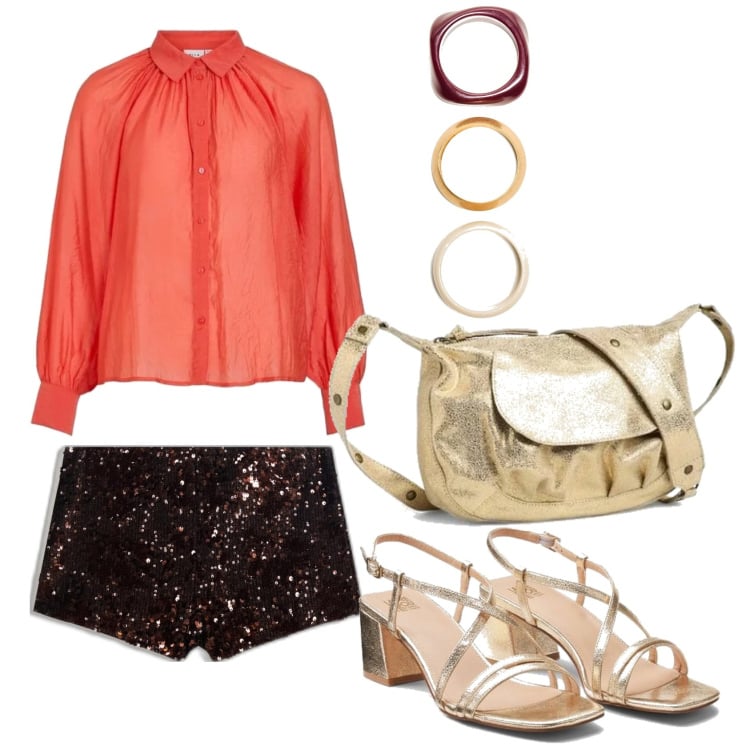 Outfit mujer - Trendy look. Estilo Trendy para Noche/Fiesta elegante. Combinación con blusas, sandalias de tacón, pulseras, bolsos de hombro, shorts.