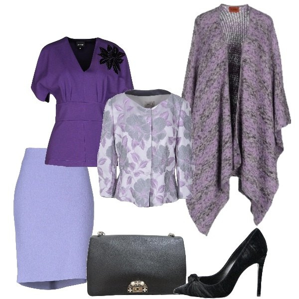 Outfit donna - Viole malva e lillà. Stile Chic per Cerimonia. Abbinamento con giacca fantasia floreale effetto acetato collo tondo interno foderato jacquard, t-shirt contrasto collo a v a maniche corte con zip jersey, mantella melange lavorato a maglia scollatura profonda interno sfoderato tinta unita, gonne longuette, décolleté in velluto, borsa a tracolla con tasca interna.