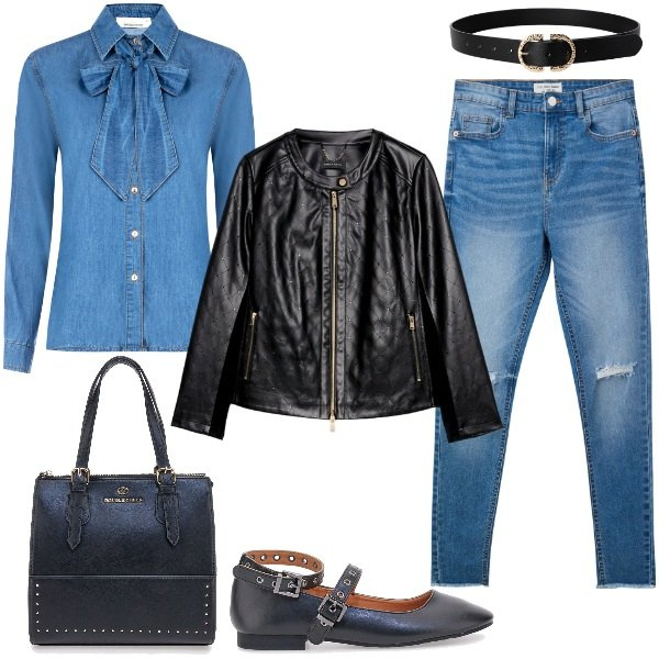Outfit donna - La Camicia in Denim Rinascimento. Stile Rock per Serata fuori. Abbinamento con jeans strappati, cinture, giacche, camicie, ballerine, borse a mano.