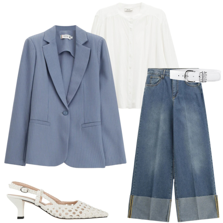 Outfit donna - Denim di mezza stagione. Stile Casual chic per Tutti i giorni. Abbinamento con décolleté, cinture, jeans, camicie, blazer.