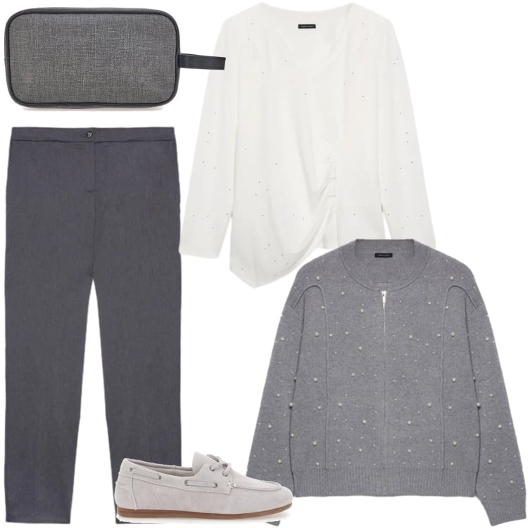 Outfit donna - Fit contemporáneo. Stile Casual per Ufficio. Abbinamento con cardigans, t-shirt, pantaloni, mocassini, valigie.