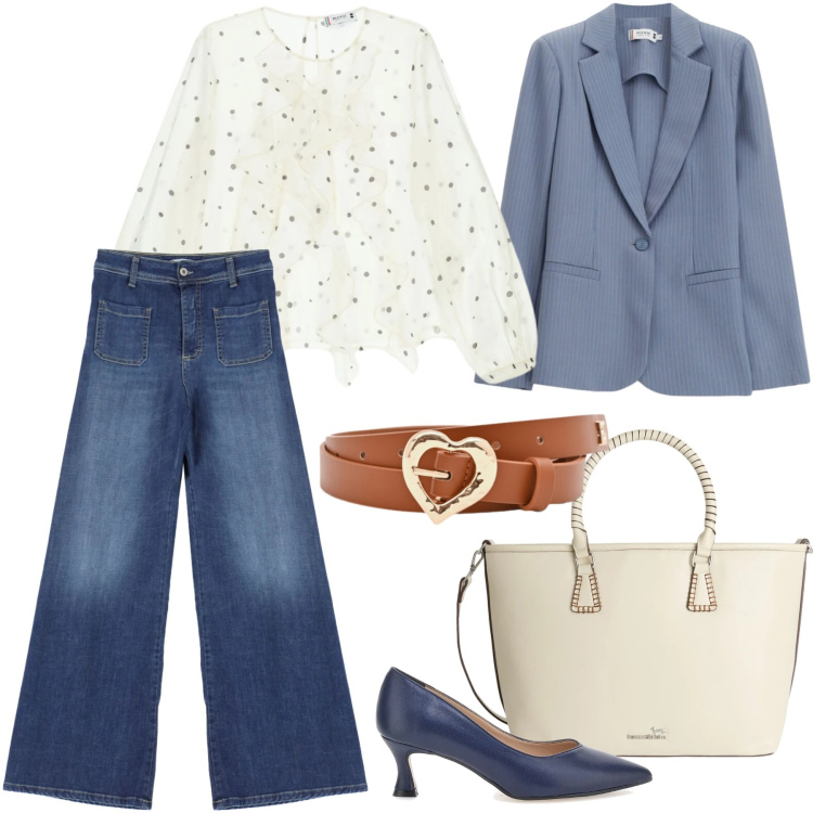 Outfit donna - Total look #2349689. Stile Trendy per Tutti i giorni. Abbinamento con shopping bag, bluse, blazer, jeans, cinture, décolleté.