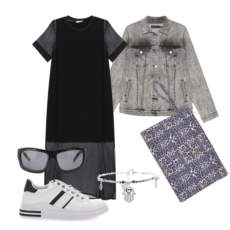 Outfit donna - Marzo. Stile Urban per Tutti i giorni. Abbinamento con occhiali da sole, blazer, vestiti midi/longuette, braccialetti, pochette, sneakers.