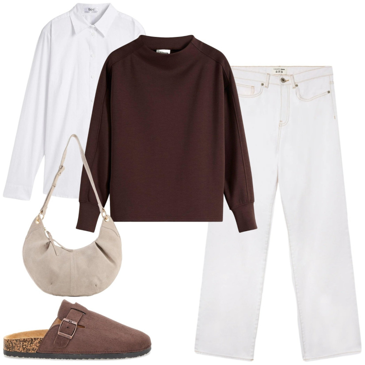 Outfit donna - Total look #2349713. Stile Casual per Tutti i giorni. Abbinamento con felpe, camicie, borse a tracolla, jeans dritti, sabot.